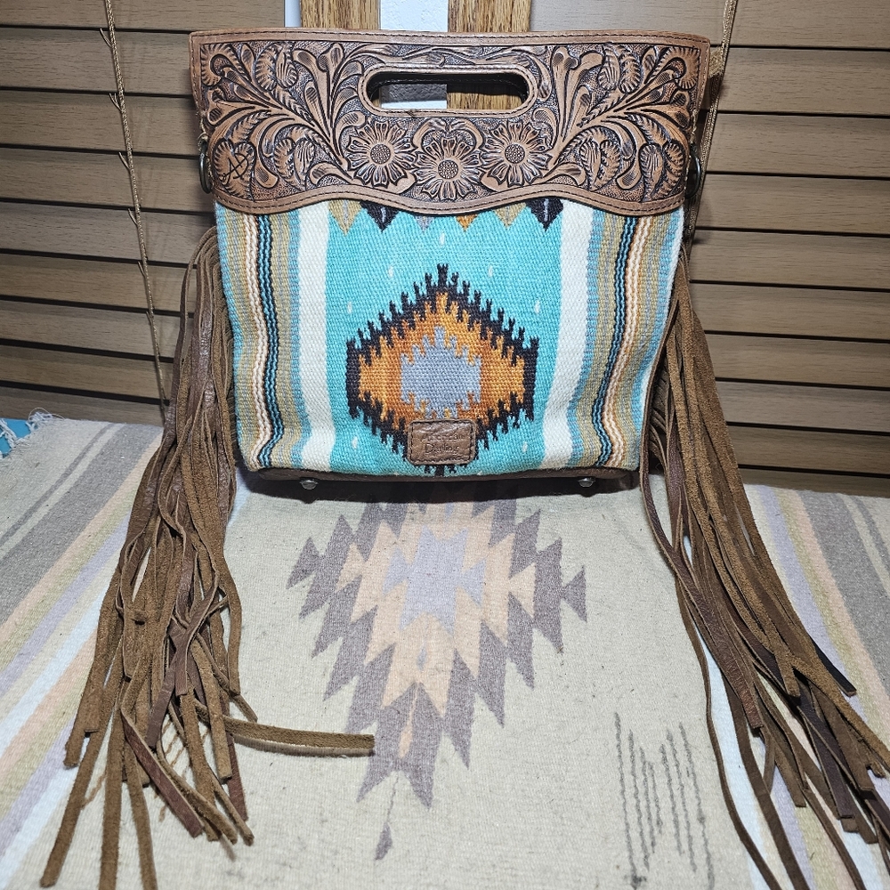 American Darling Tooled Leather Saddle Blanket Crossbody Western Fringe Purse